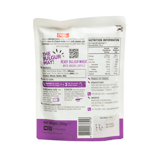 Duru Heat & Eat Ready Bulgur – Green Lentils 250g