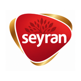 Seyran brand logo, the lowercase word seyran in white letters on a red shield emblem with a gold ribbon border and a leaf motif above.